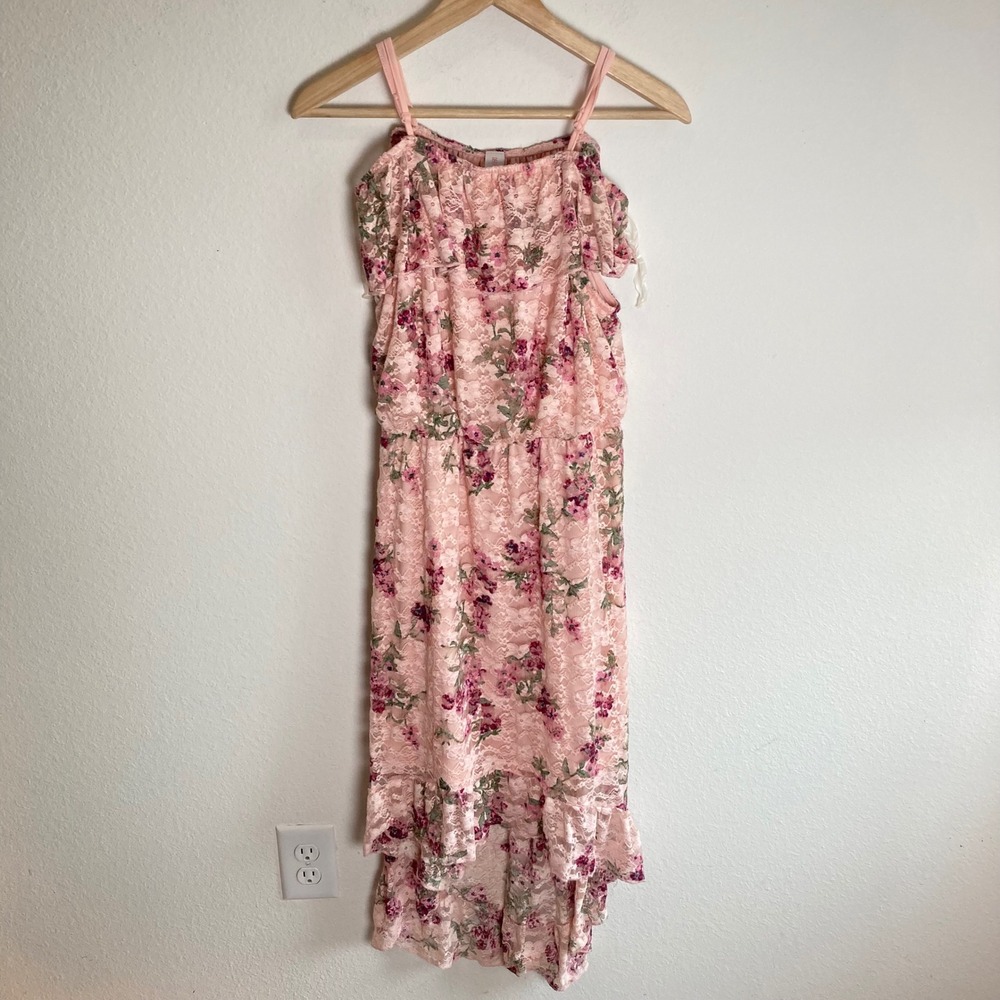 No Boundaries Dress Womens XL Pink Floral Lace Fairycore Shoulder Ruffle Boho